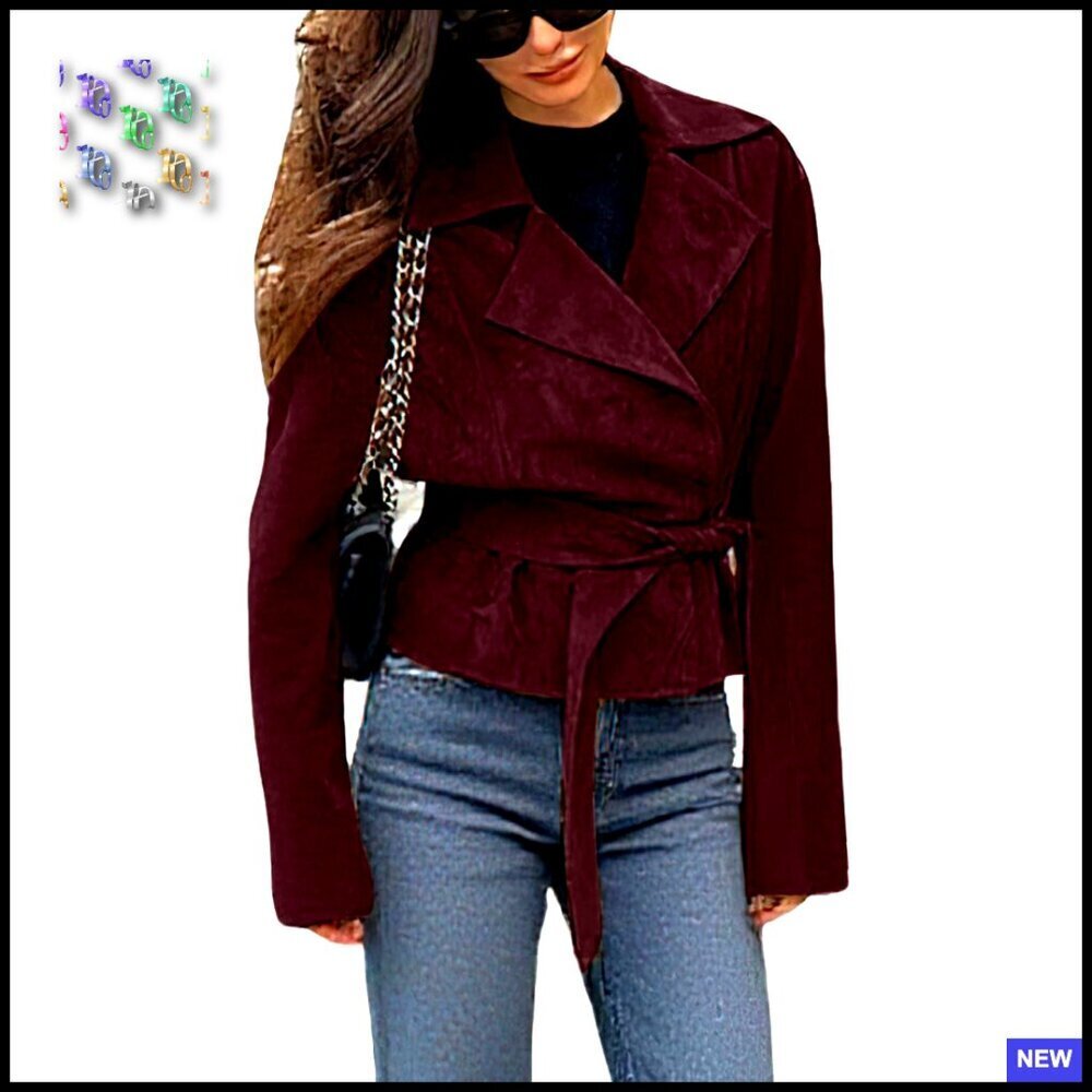 Faux Suede Cropped Wrap Coat Vintage Chic Belted Casual Jacket Fall Fashion - Picture 1 of 2